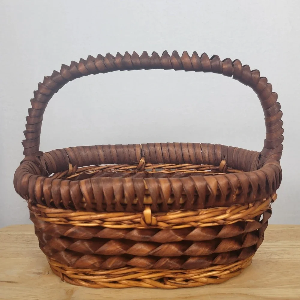 Vintage Woven Curl Splint Basket Wood Ribbon Gathering Farmhouse Oval 12x8.5x5